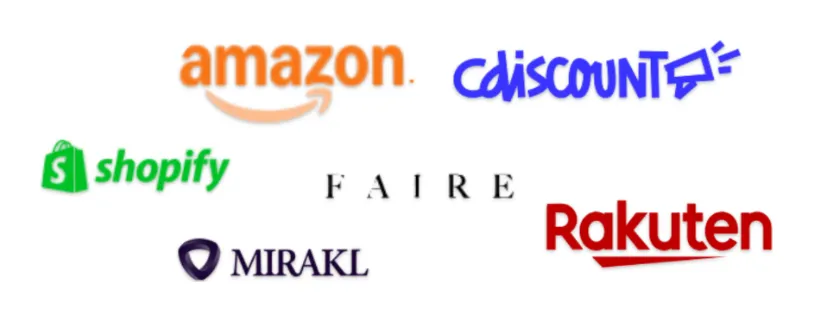 Logos des marketplaces : Amazon, Cdiscount, Shopify, Faire, Rakuten et Mirakl